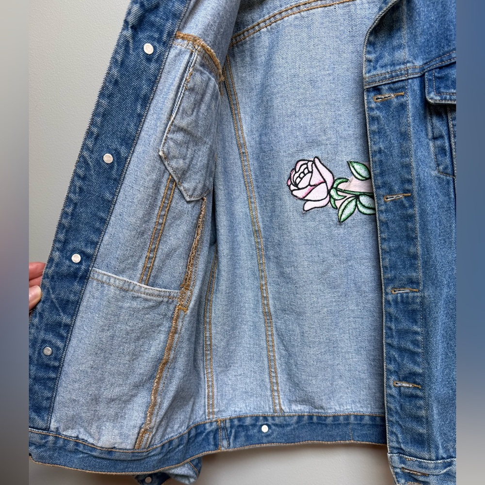 Rare Y2K  90s Vintage Vibes Denim Jacket Graphic Bomber Patchwork Varsity Medium - Picture 6 of 10